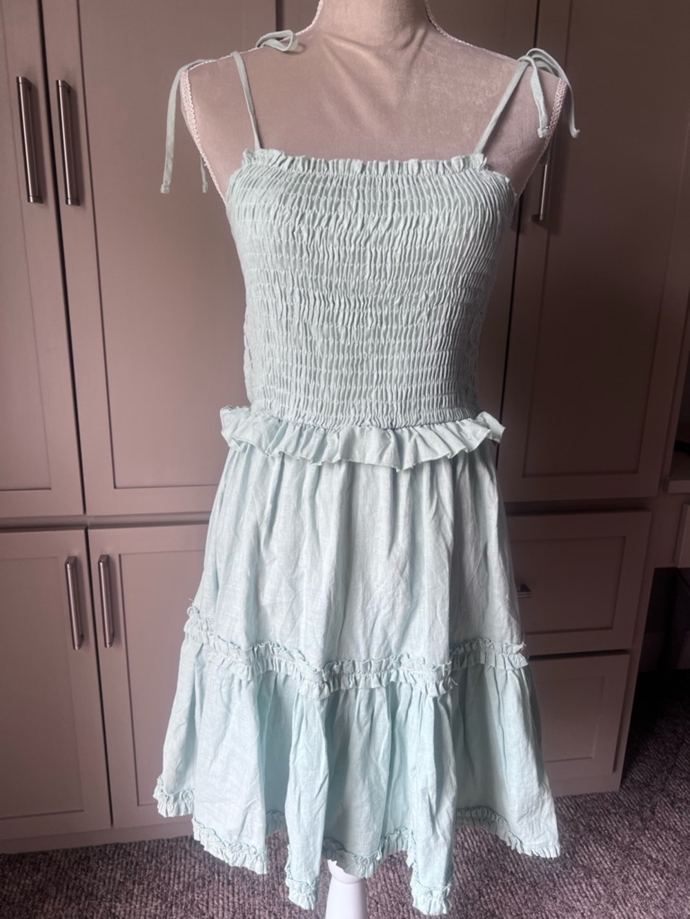 SHEIN Women’s Smocked Tie-Shoulder Sundress in Pale Mint Green - Size Small